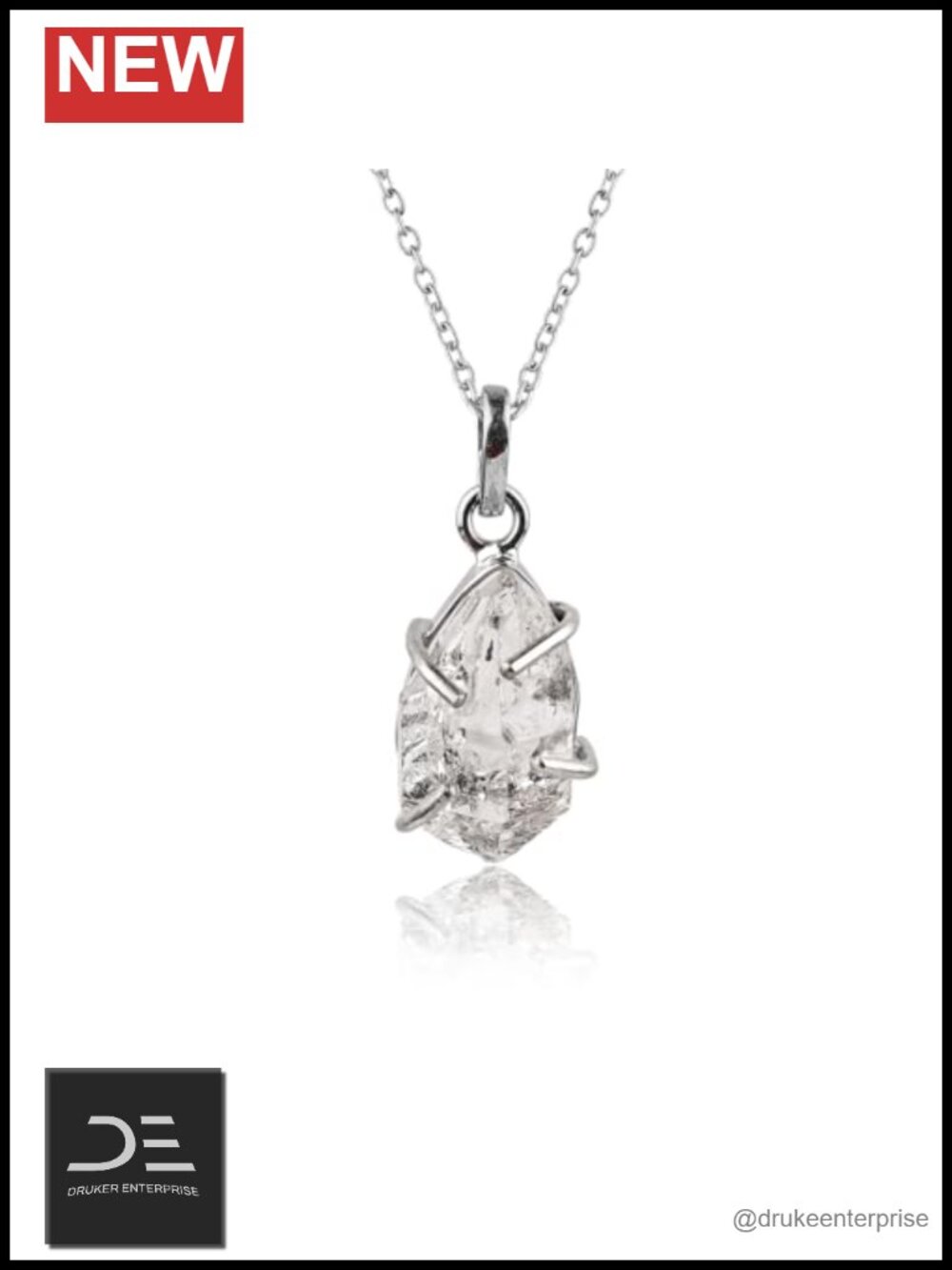Natural Herkimer Diamond Quartz Pendant Necklace Rhodium 925 Sterling Silver 18"